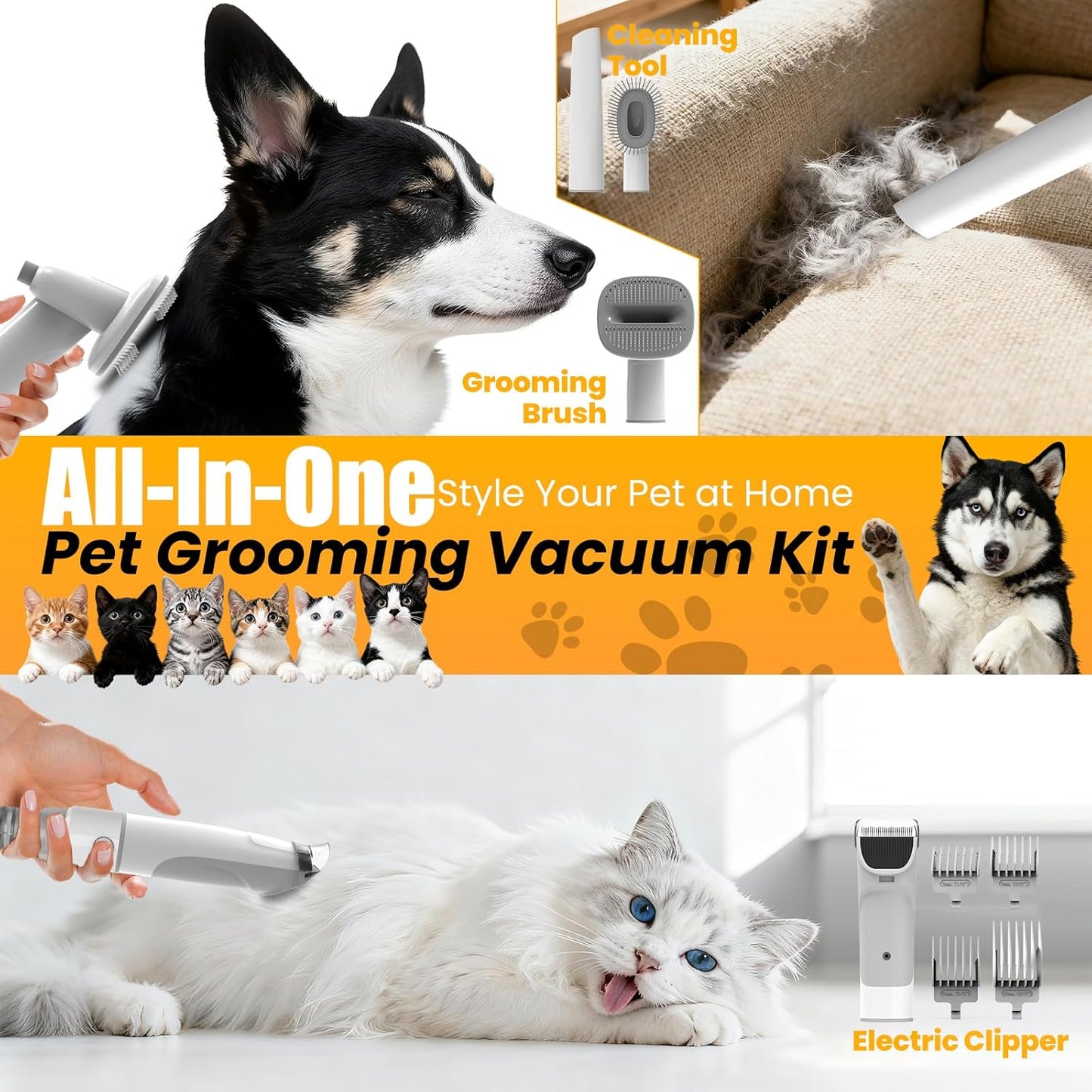 Pet Grooming Vacuum – 12000Pa Pet Hair Remover with Clipper & Shedding Brush, Low Noise, All-in-One for Dogs & Cats