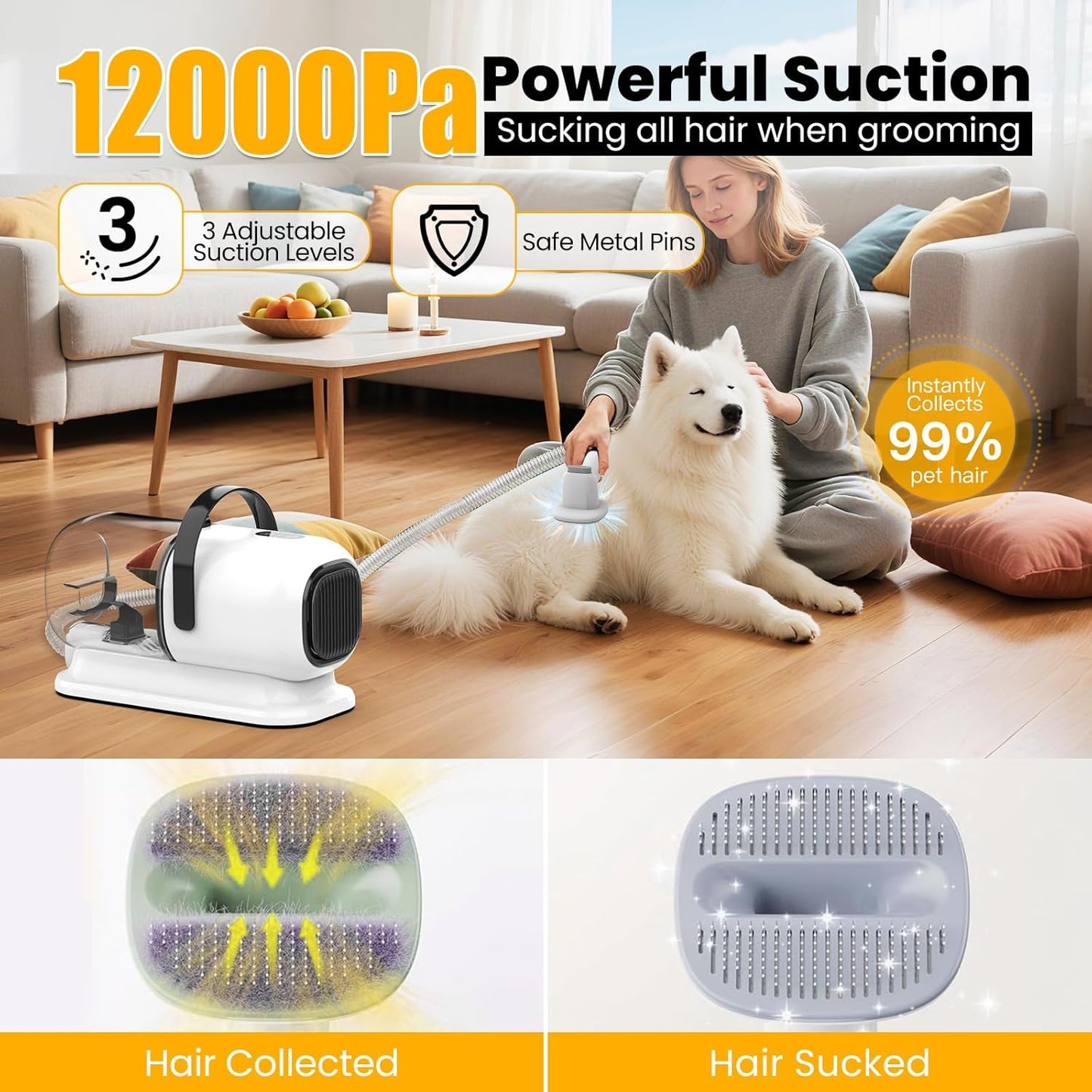 Pet Grooming Vacuum – 12000Pa Pet Hair Remover with Clipper & Shedding Brush, Low Noise, All-in-One for Dogs & Cats